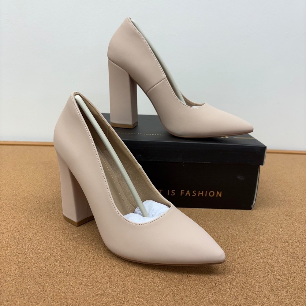 IDIFU IN4 Nude 9.5 Pointed Toe Block Heel Pumps Womens Neutral Dress Shoes